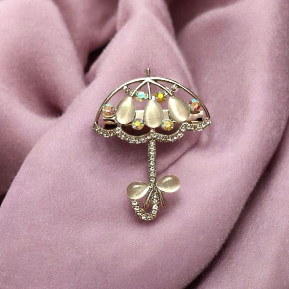 Grey Moon Glow Stone Aurora Borealis Rhinestone Silver Tone Unbrella… - Picture 1 of 2